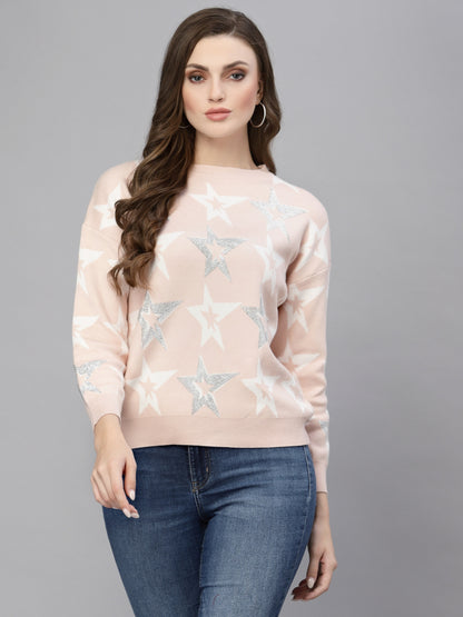 Mafadeny Women Peach-Coloured & White Pullover with Embellished Detail