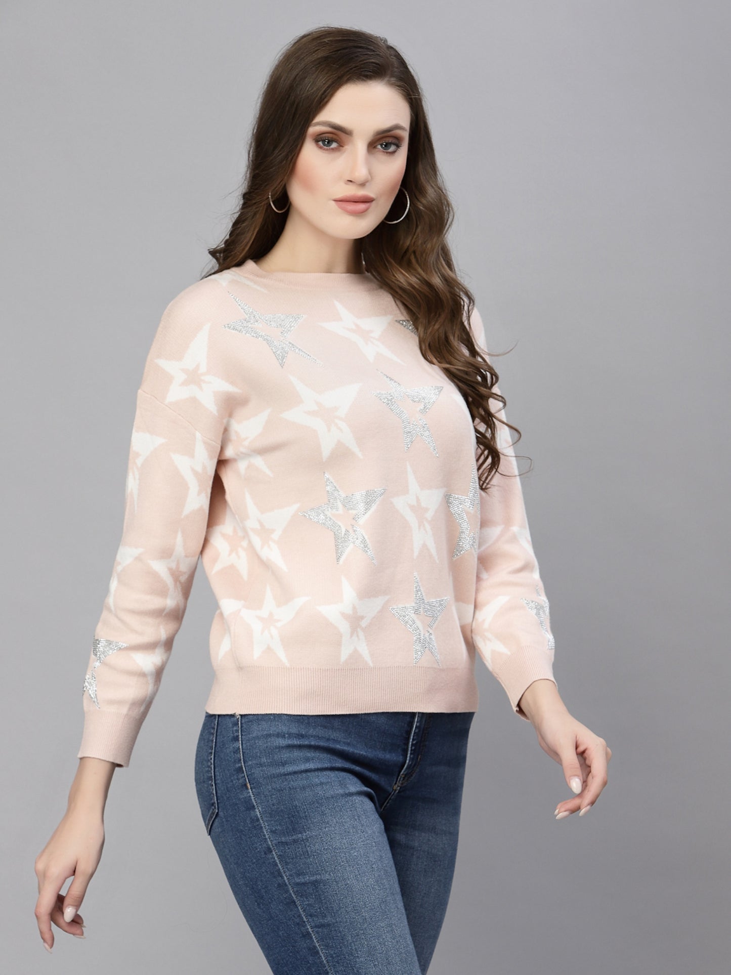 Mafadeny Women Peach-Coloured & White Pullover with Embellished Detail