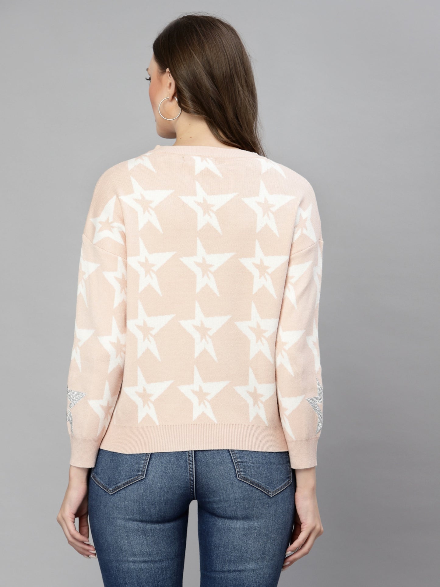 Mafadeny Women Peach-Coloured & White Pullover with Embellished Detail