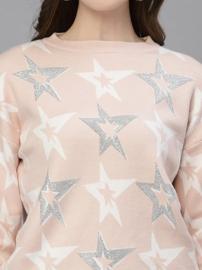 Mafadeny Women Peach-Coloured & White Pullover with Embellished Detail