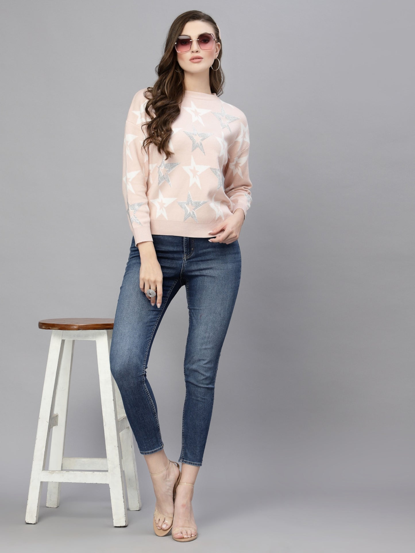 Mafadeny Women Peach-Coloured & White Pullover with Embellished Detail