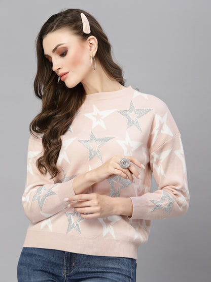 Mafadeny Women Peach-Coloured & White Pullover with Embellished Detail