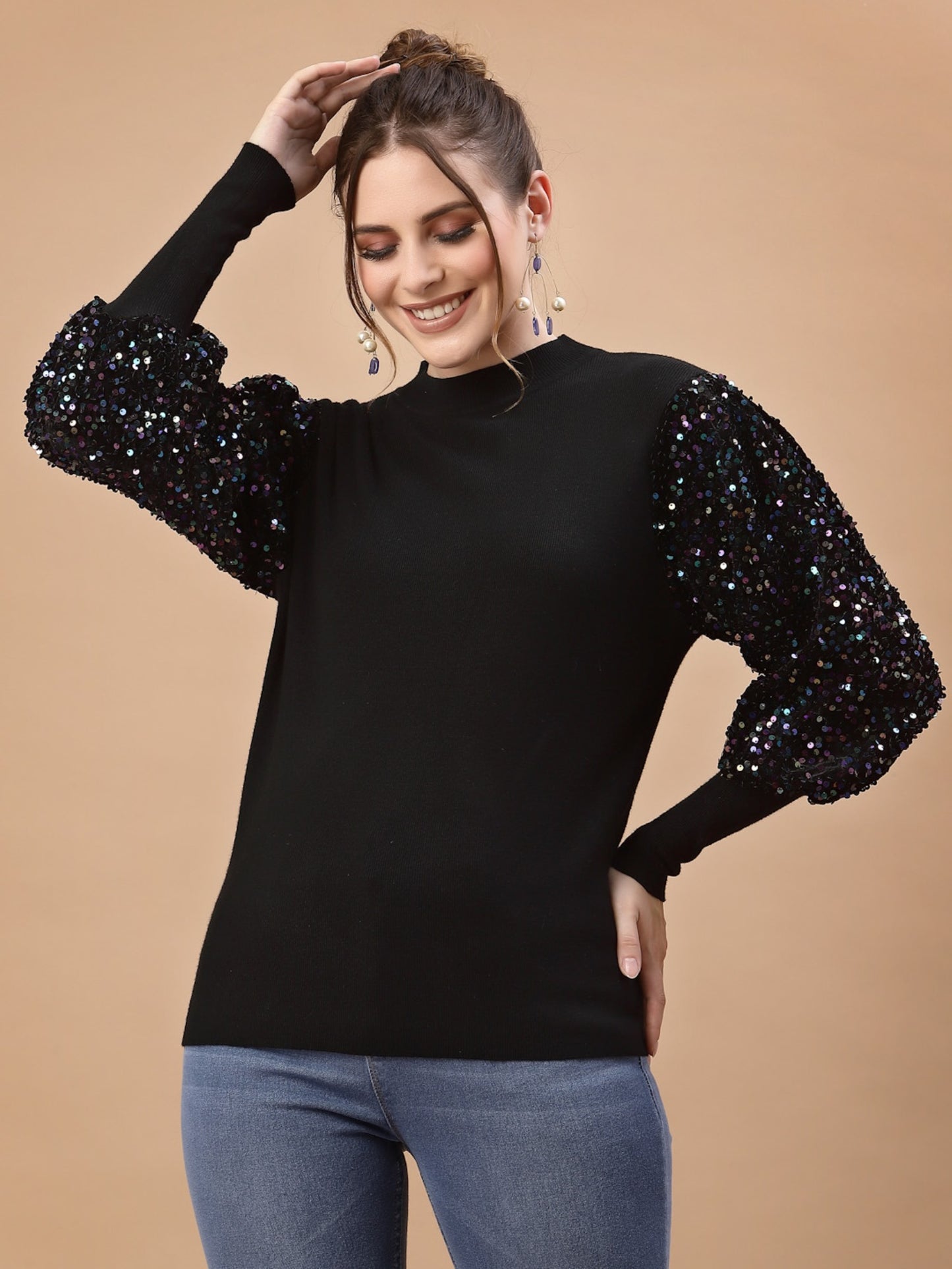 Mafadeny Women Black Pullover with Embellished Detail