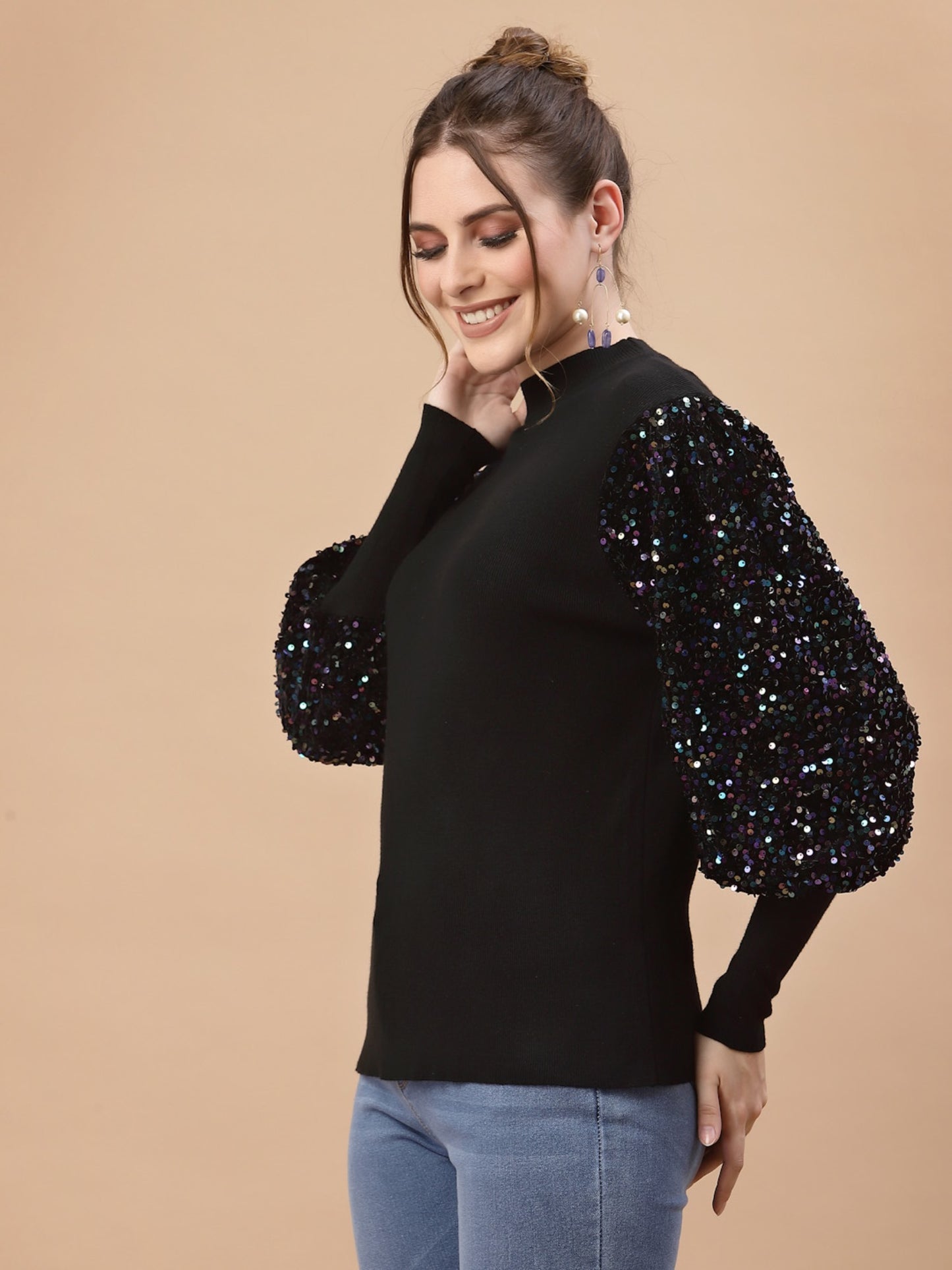 Mafadeny Women Black Pullover with Embellished Detail