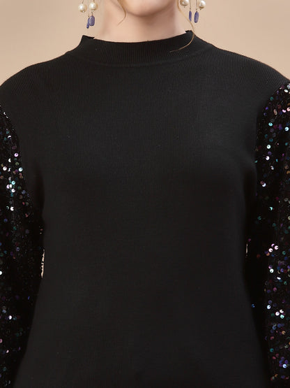 Mafadeny Women Black Pullover with Embellished Detail