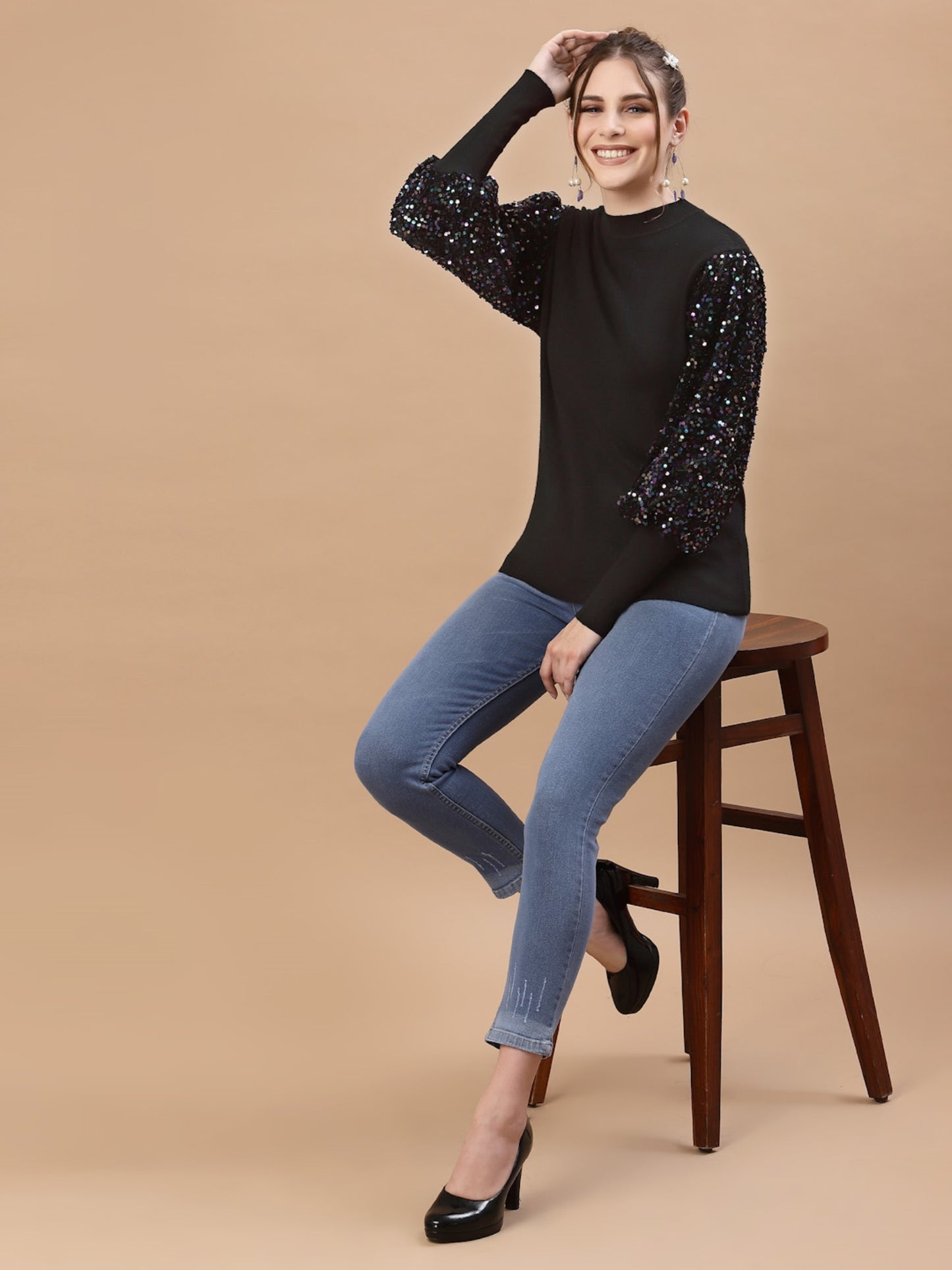 Mafadeny Women Black Pullover with Embellished Detail