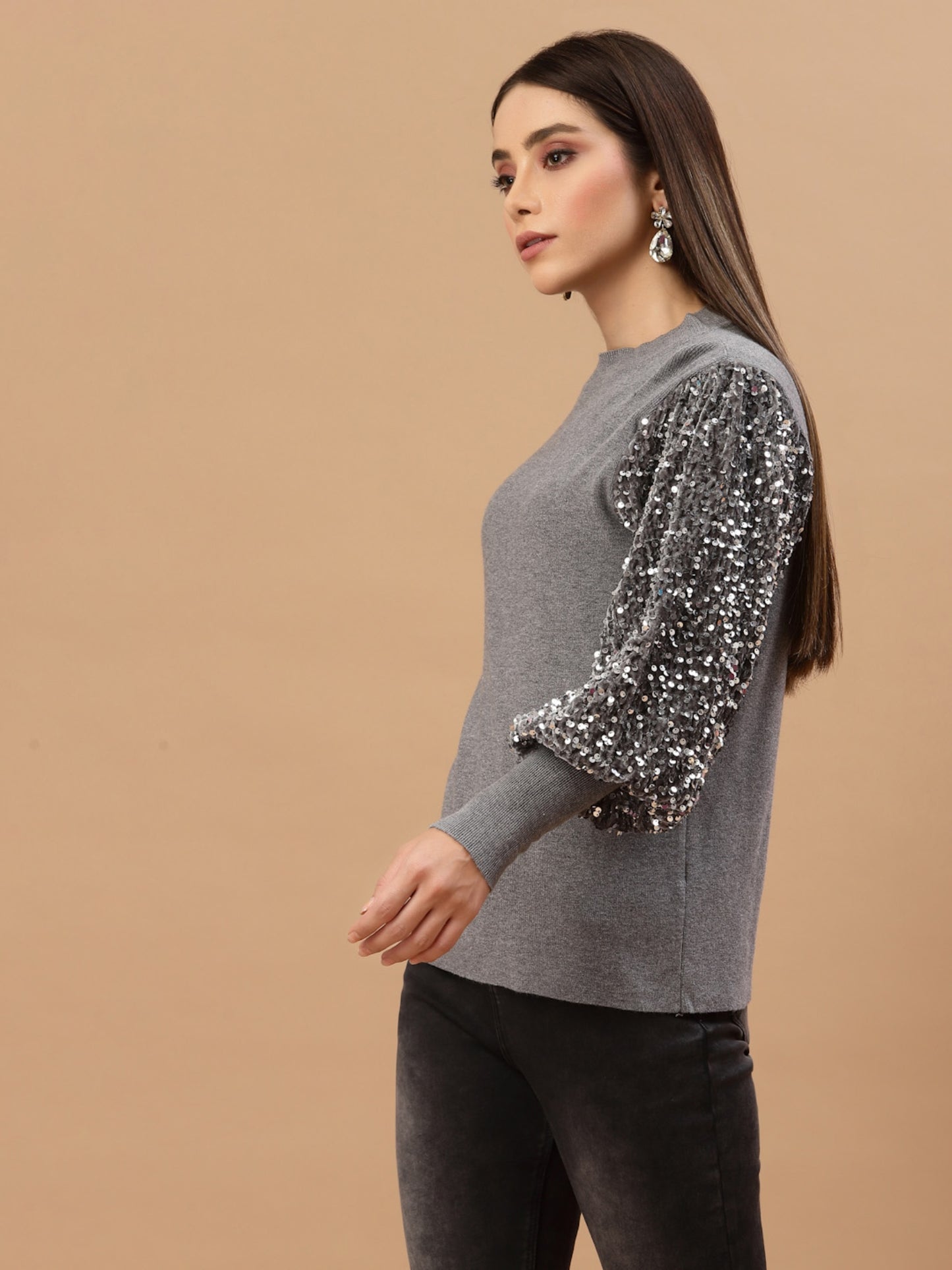 Mafadeny Women Grey & Black Pullover with Embellished Detail