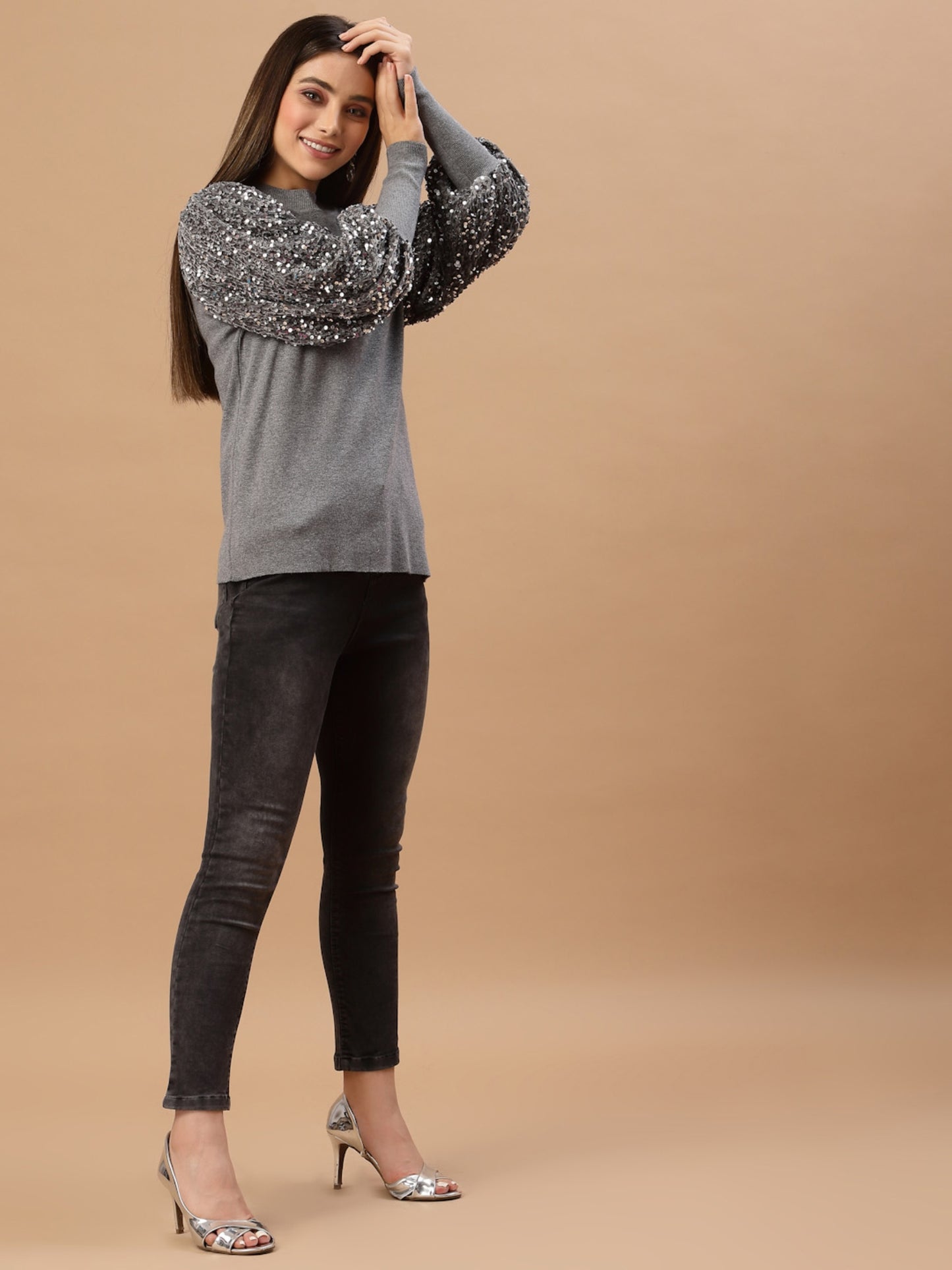 Mafadeny Women Grey & Black Pullover with Embellished Detail