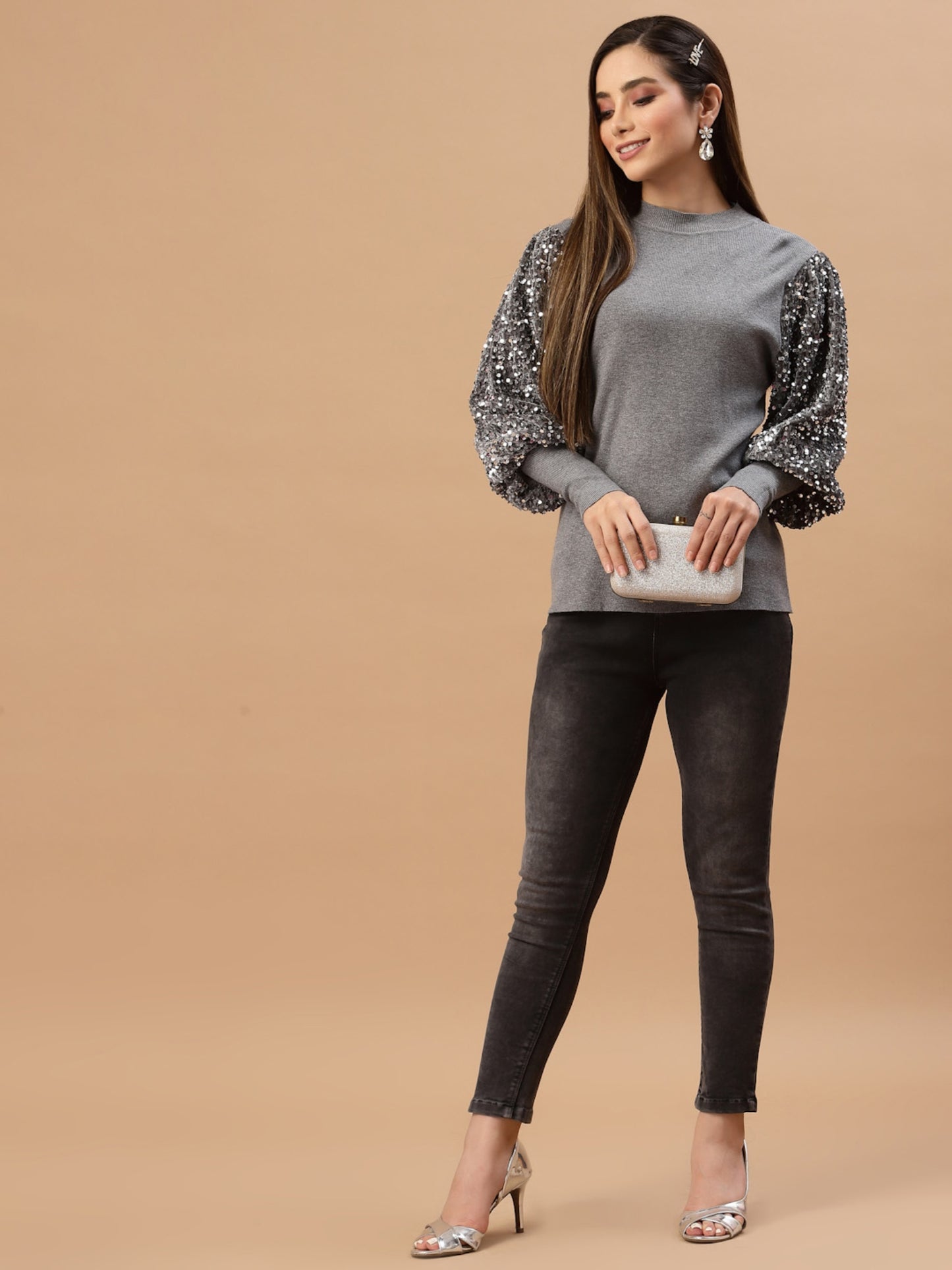 Mafadeny Women Grey & Black Pullover with Embellished Detail