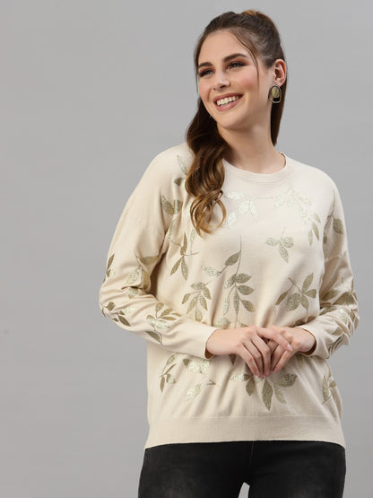 Mafadeny Women Beige Floral Printed Pullover