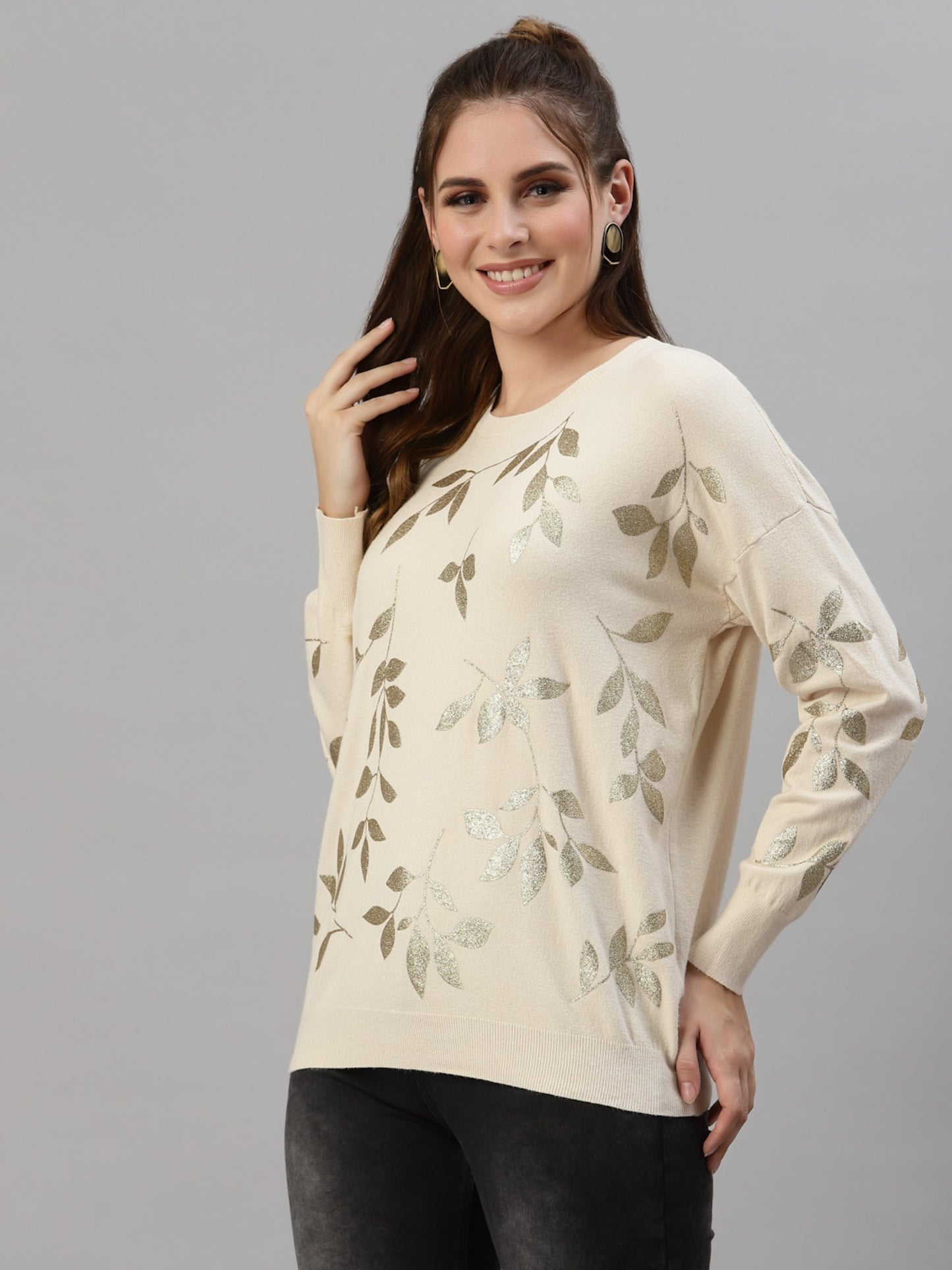 Mafadeny Women Beige Floral Printed Pullover