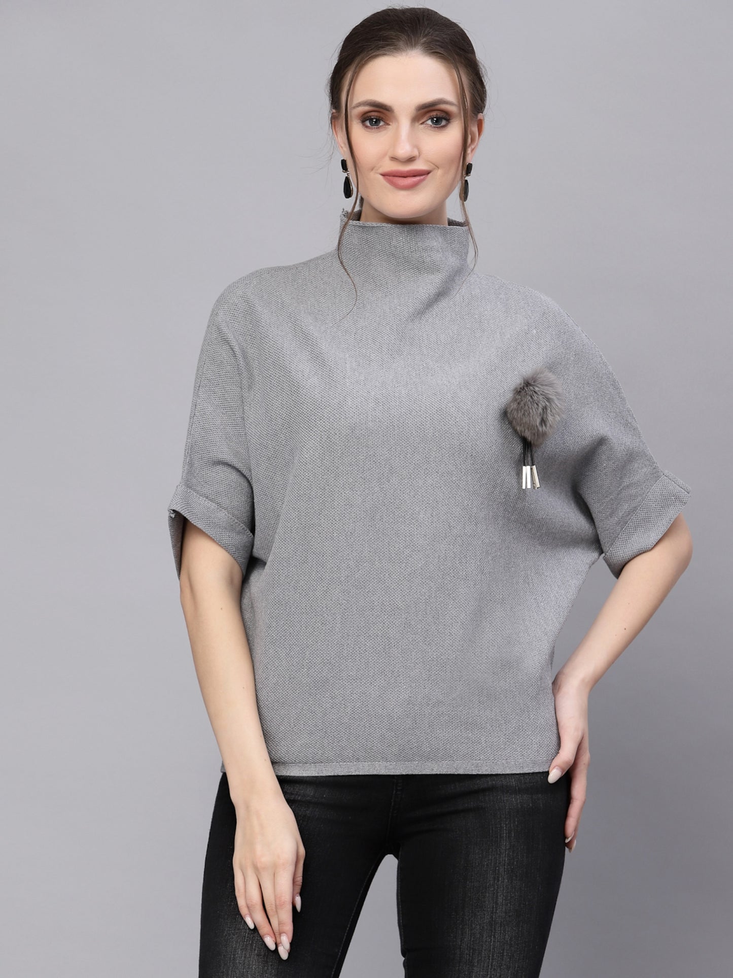 Mafadeny Women Grey Solid High Neck Pullover