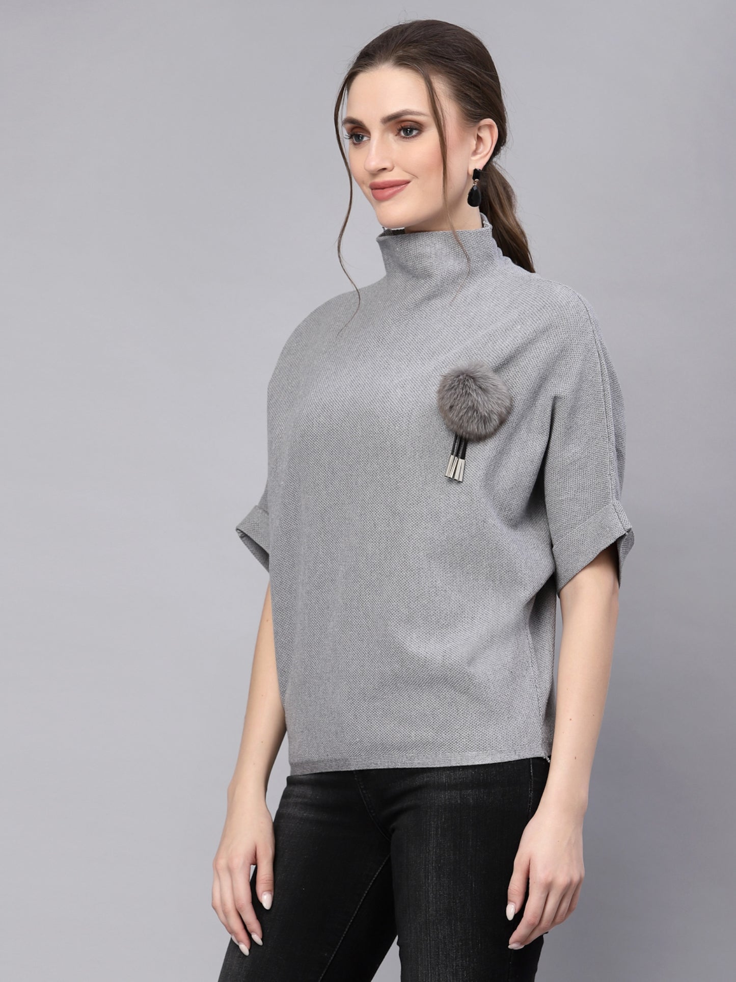 Mafadeny Women Grey Solid High Neck Pullover