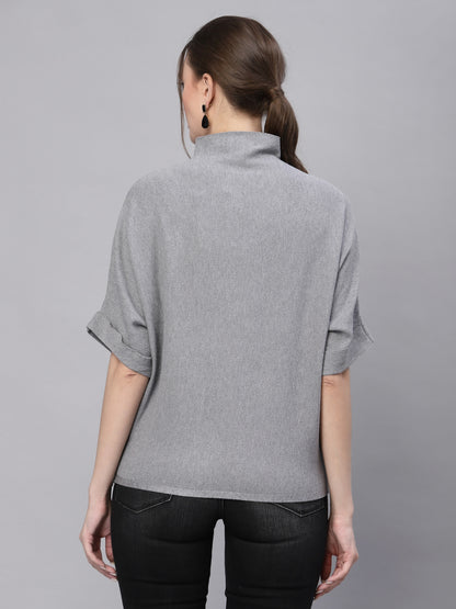 Mafadeny Women Grey Solid High Neck Pullover