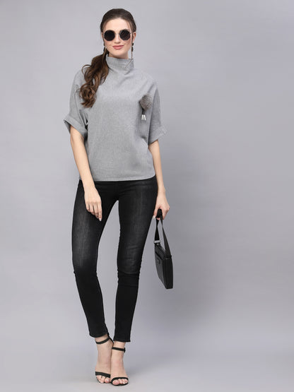 Mafadeny Women Grey Solid High Neck Pullover