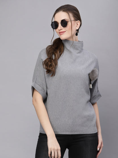 Mafadeny Women Grey Solid High Neck Pullover