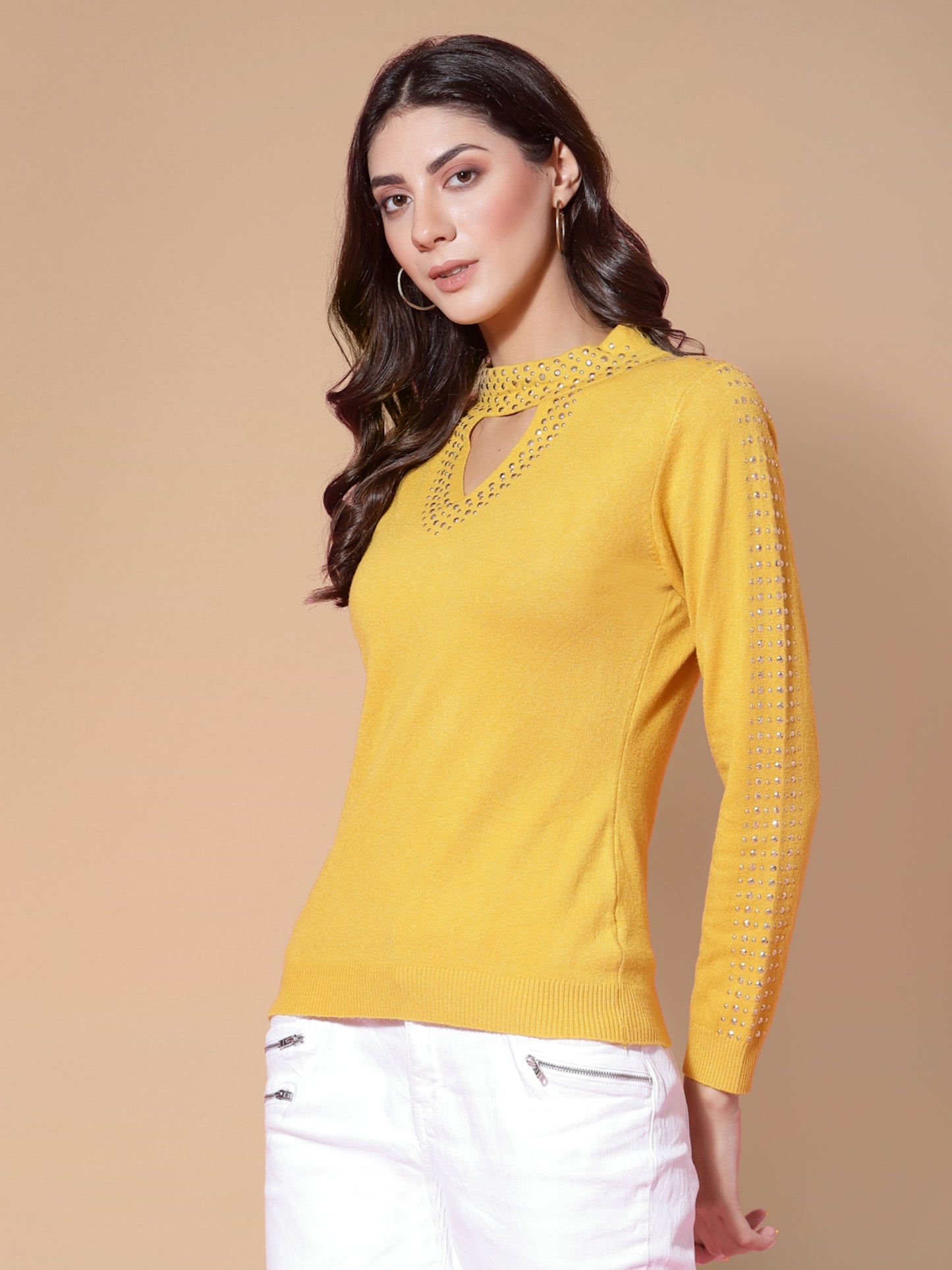 Mafadeny Women Mustard Pullover with Embellished Detail