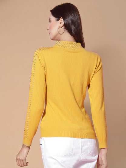 Mafadeny Women Mustard Pullover with Embellished Detail