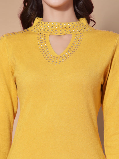 Mafadeny Women Mustard Pullover with Embellished Detail