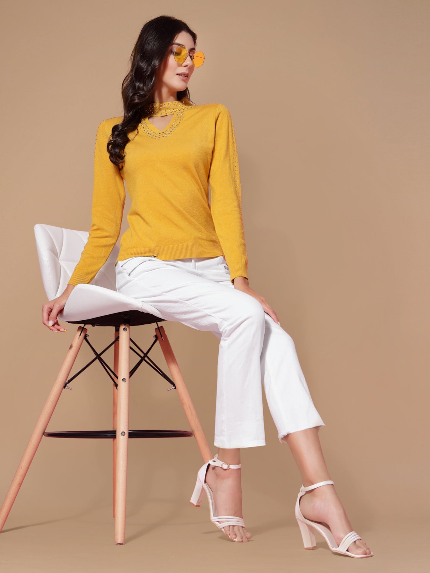 Mafadeny Women Mustard Pullover with Embellished Detail