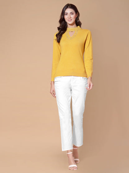 Mafadeny Women Mustard Pullover with Embellished Detail