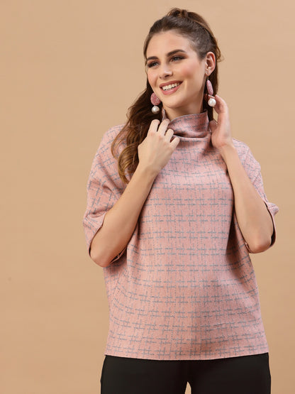 Mafadeny Women Peach-Coloured Self-Design Sweater