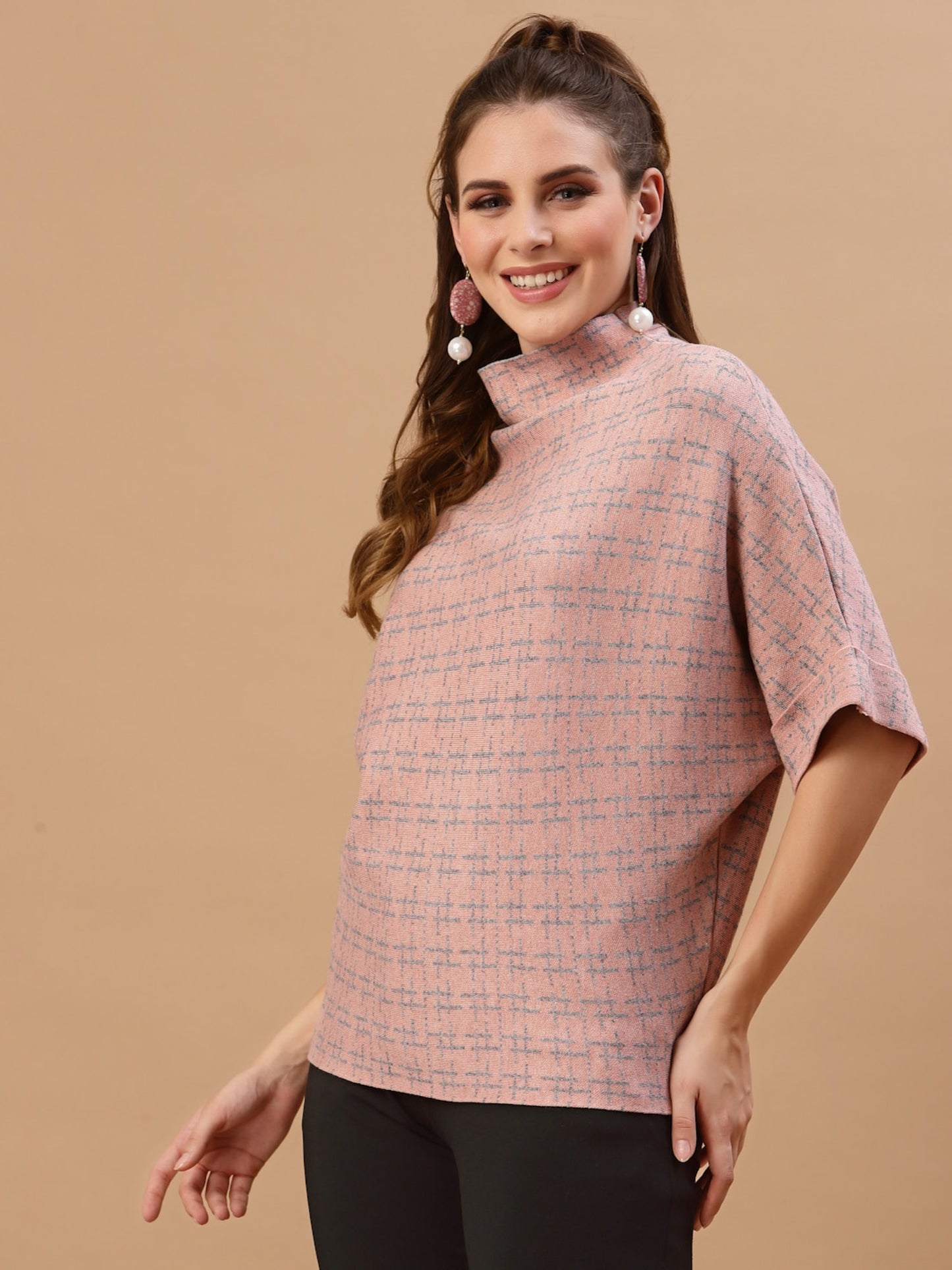 Mafadeny Women Peach-Coloured Self-Design Sweater