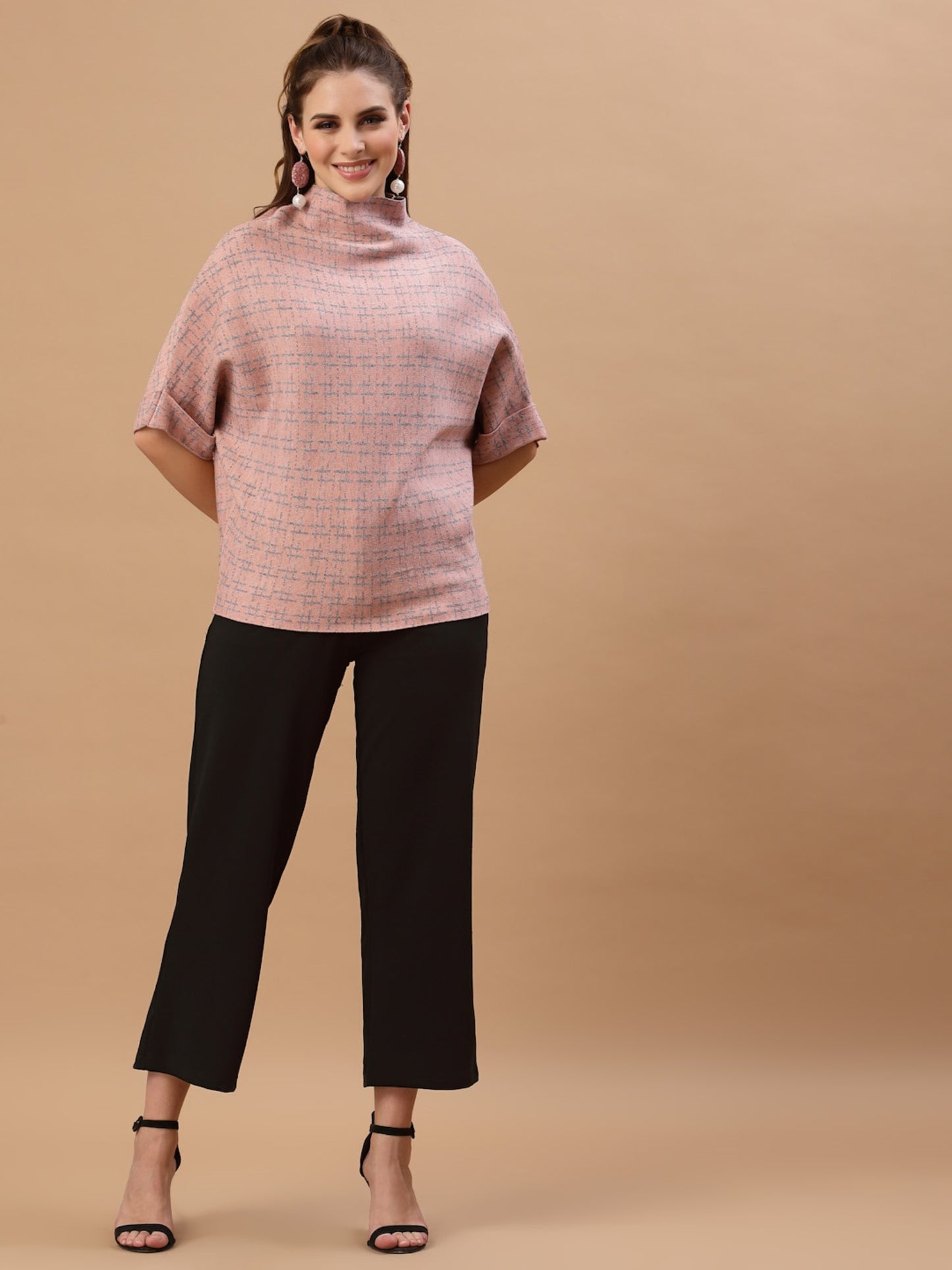 Mafadeny Women Peach-Coloured Self-Design Sweater