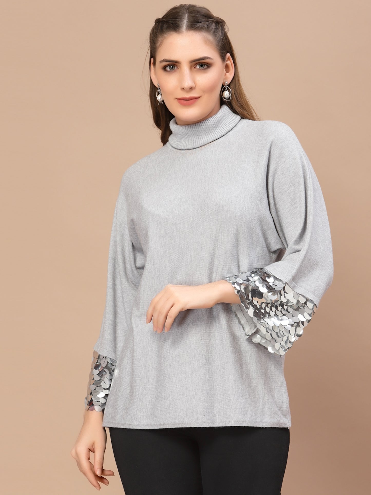 Mafadeny Women Grey Longline Pullover with Embellished Detail