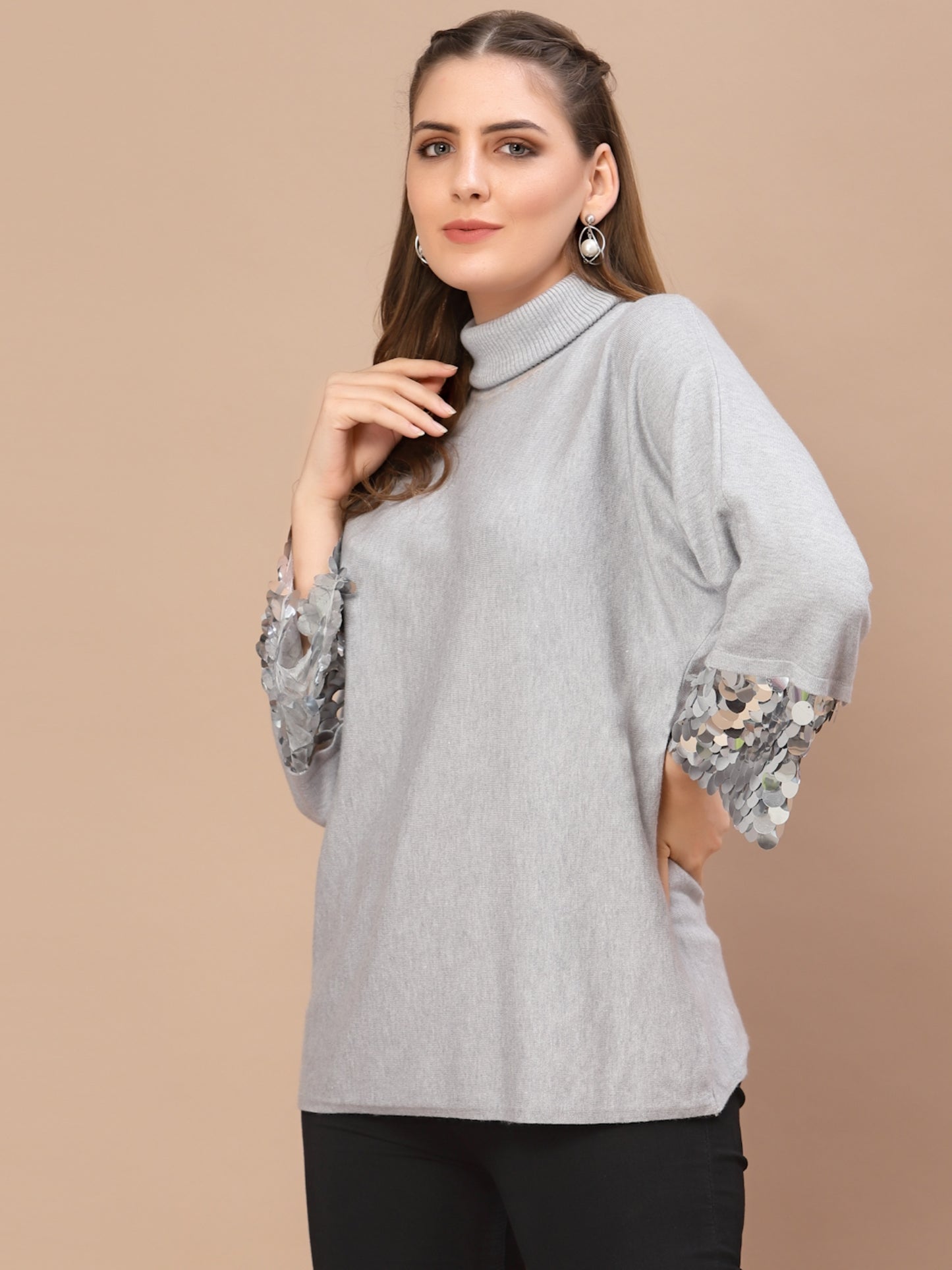 Mafadeny Women Grey Longline Pullover with Embellished Detail