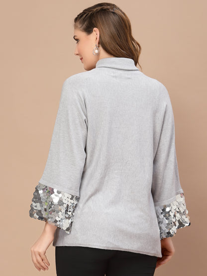 Mafadeny Women Grey Longline Pullover with Embellished Detail