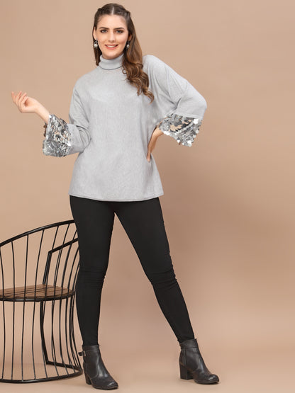 Mafadeny Women Grey Longline Pullover with Embellished Detail