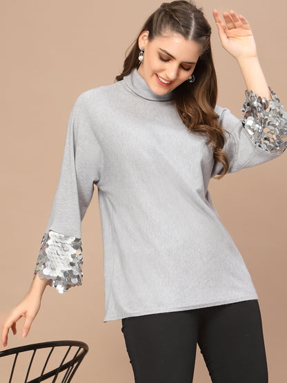 Mafadeny Women Grey Longline Pullover with Embellished Detail