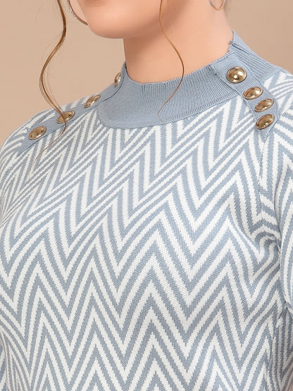 Mafadeny Women Blue & White Chevron Crop Pullover Sweater Top