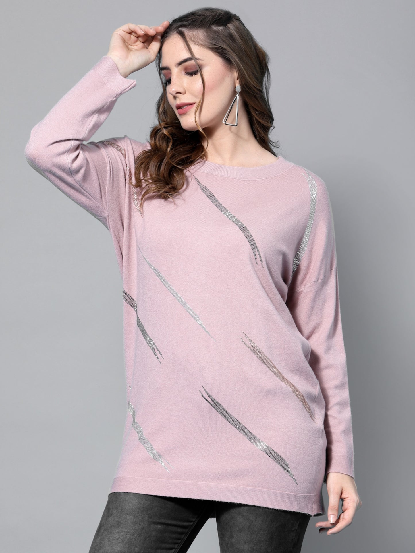 Mafadeny Women Peach-Coloured Longline Pullover with Embellished Detail