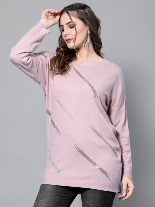 Mafadeny Women Peach-Coloured Longline Pullover with Embellished Detail