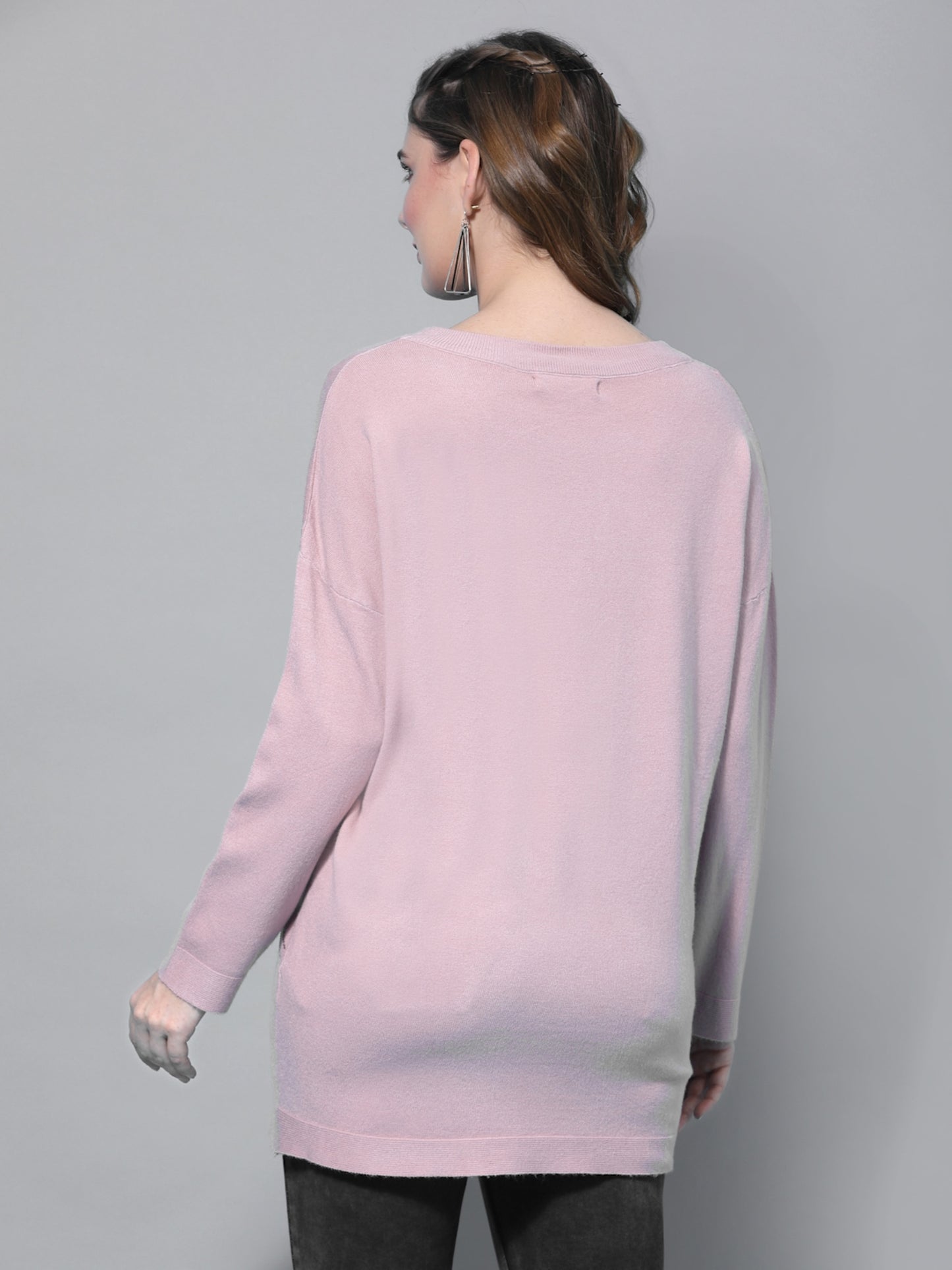 Mafadeny Women Peach-Coloured Longline Pullover with Embellished Detail