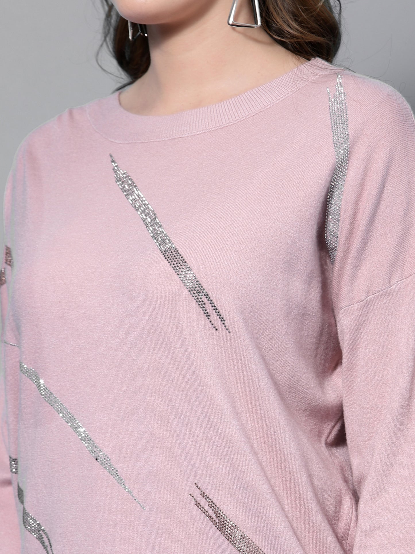 Mafadeny Women Peach-Coloured Longline Pullover with Embellished Detail