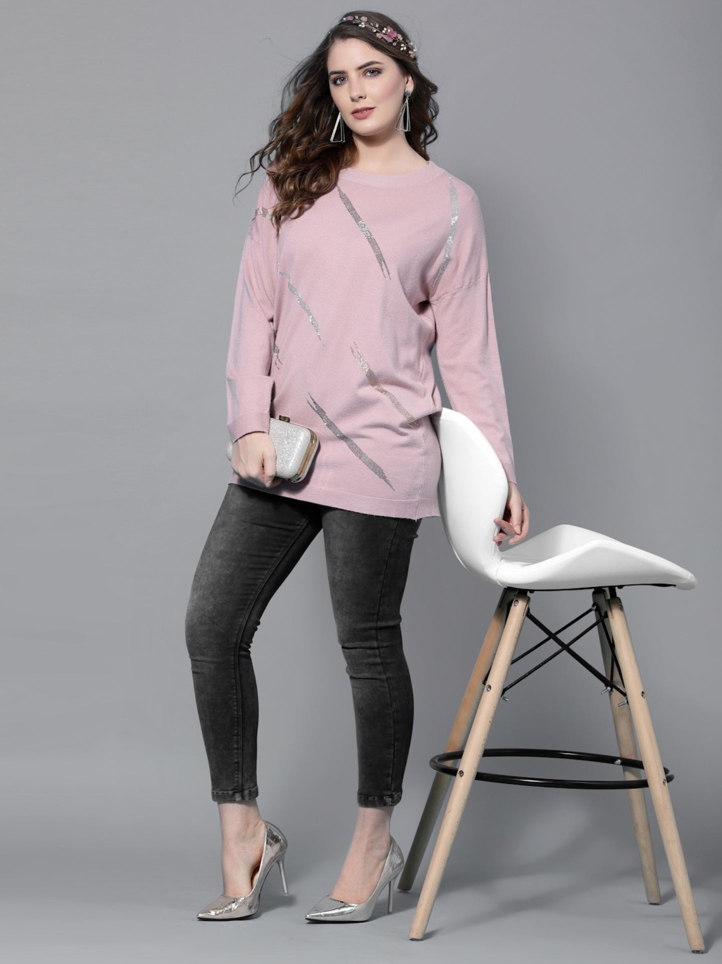 Mafadeny Women Peach-Coloured Longline Pullover with Embellished Detail