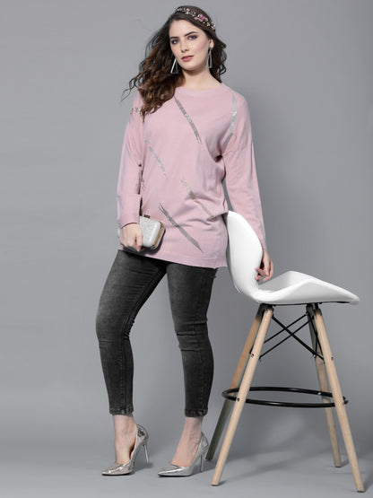 Mafadeny Women Peach-Coloured Longline Pullover with Embellished Detail