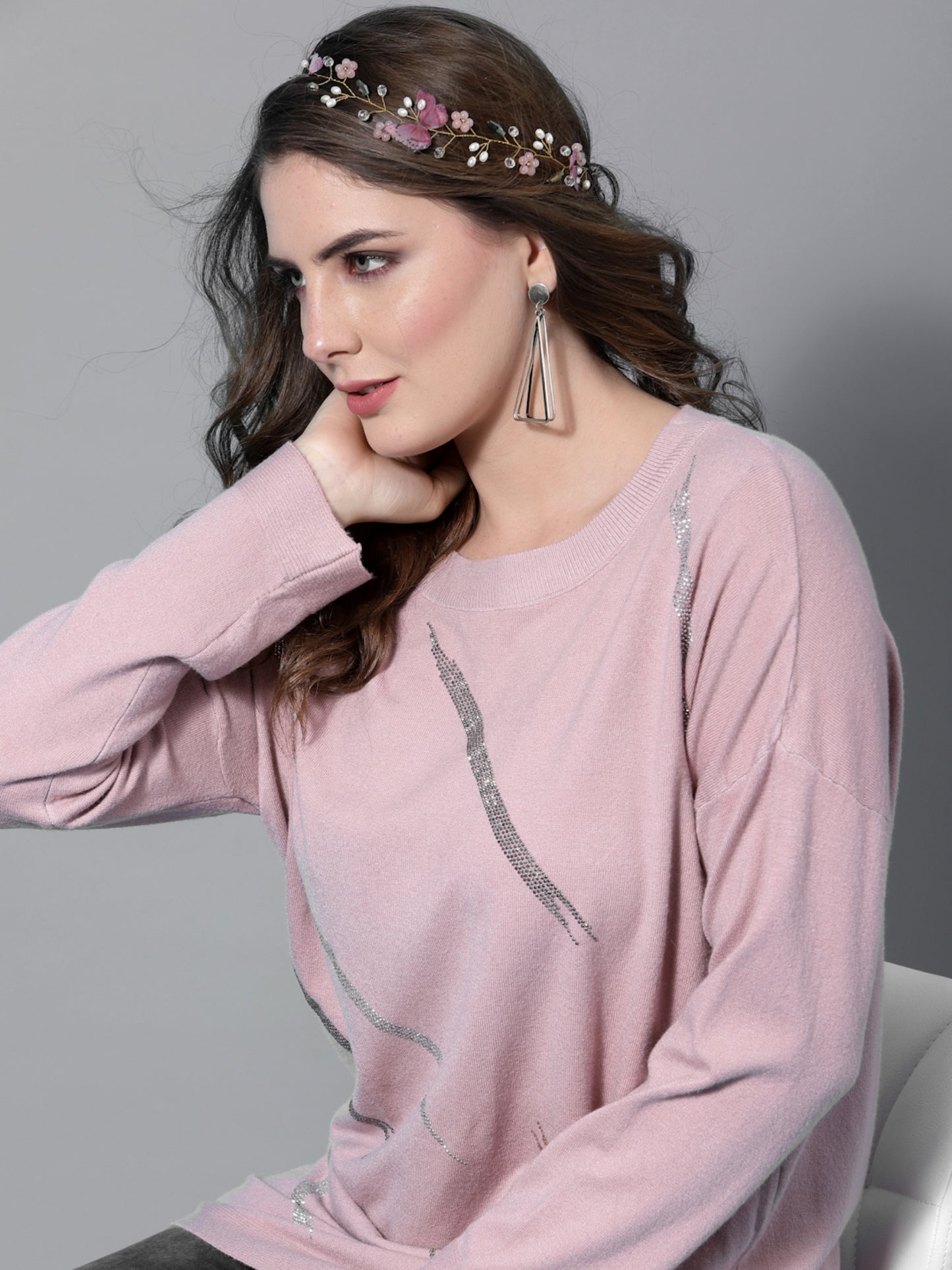 Mafadeny Women Peach-Coloured Longline Pullover with Embellished Detail