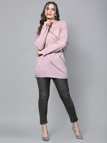 Mafadeny Women Peach-Coloured Longline Pullover with Embellished Detail