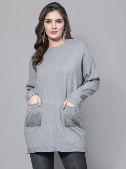 Mafadeny Women Grey & Silver-Toned Longline Pullover with Embellished Detail