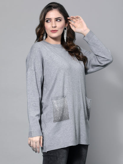 Mafadeny Women Grey & Silver-Toned Longline Pullover with Embellished Detail