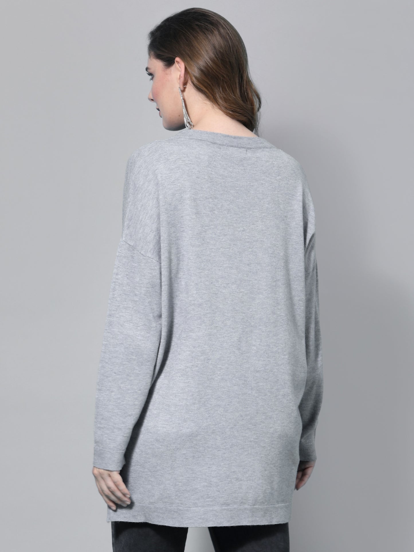 Mafadeny Women Grey & Silver-Toned Longline Pullover with Embellished Detail