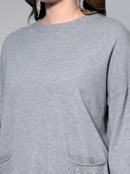 Mafadeny Women Grey & Silver-Toned Longline Pullover with Embellished Detail