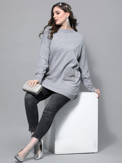 Mafadeny Women Grey & Silver-Toned Longline Pullover with Embellished Detail