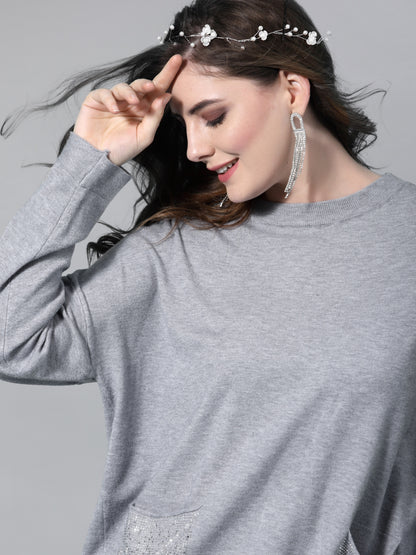 Mafadeny Women Grey & Silver-Toned Longline Pullover with Embellished Detail