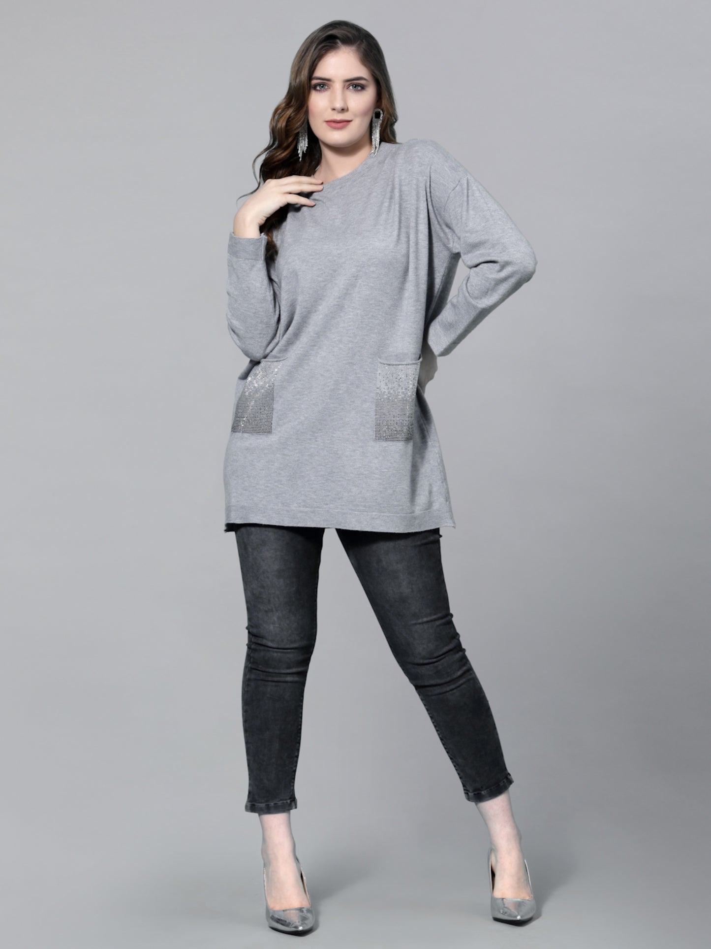 Mafadeny Women Grey & Silver-Toned Longline Pullover with Embellished Detail