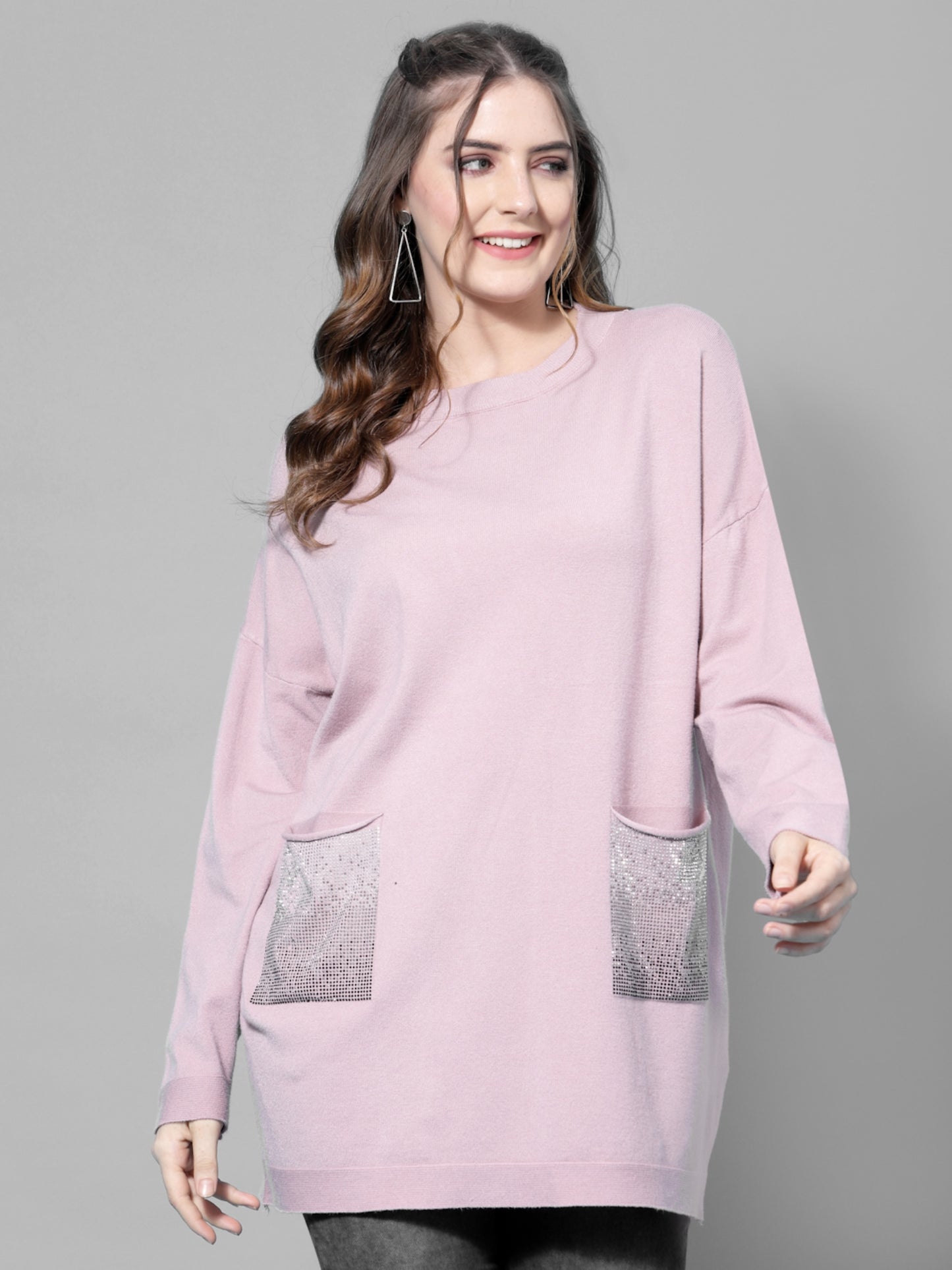 Mafadeny Women Peach & Silver-Toned Longline Pullover with Embellished Detail